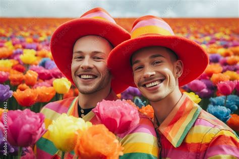 Happy Generative AI Gay Couple With Rainbow Flag Color Pattern Inclusive Society With Equal