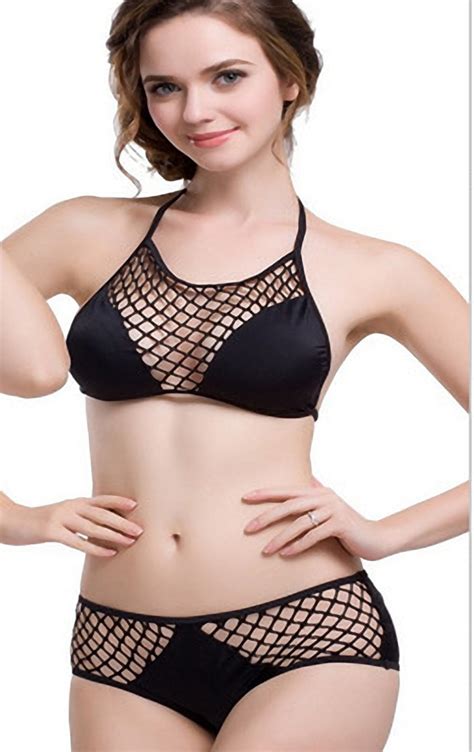Transparent Mesh Eyelet Bikini Swimsuit Black Swimwear Sexy Women Lingerie Bikini Set Beach