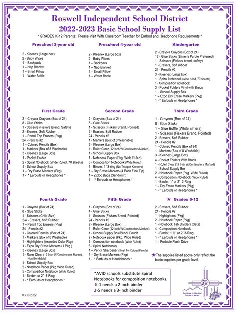 Basic School Supply list - Roswell Independent Schools