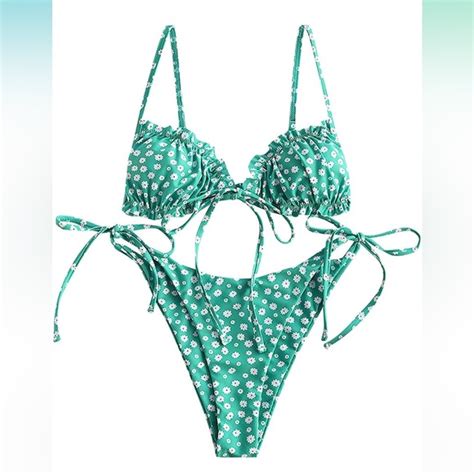 Zaful Swim Nwt Green Ditsy Floral Bikini Set Triangle Bikini Top