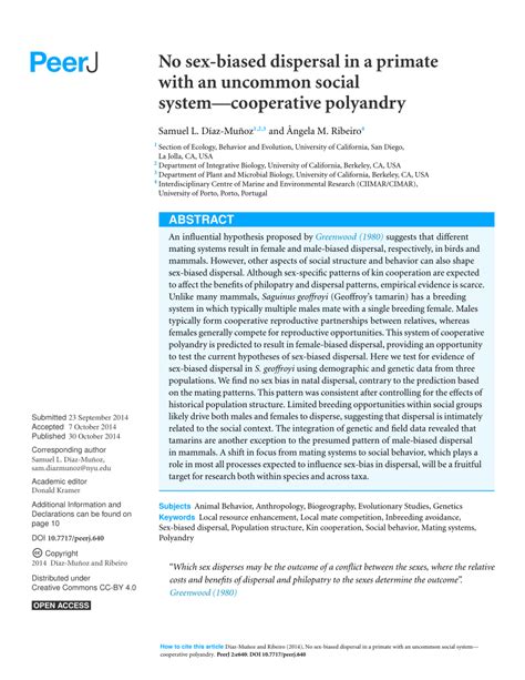 PDF No Sex Biased Dispersal In A Primate With An Uncommon Social Systemcooperative Polyandry