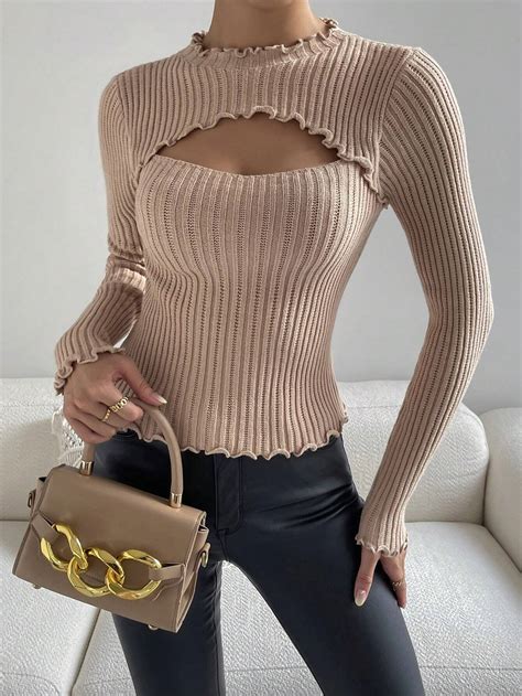 Shein Priv Cut Out Lettuce Trim Ribbed Knit Sweater Shein Usa