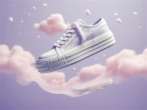 Premium Ai Image A White And Purple Sneaker Is Flying Through Clouds