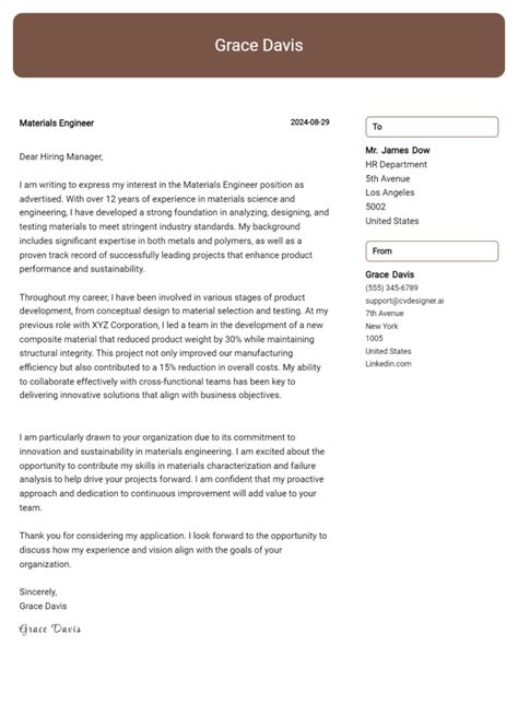 27 Materials Engineer Cover Letter Examples And Templates For 2024 Cvdesigner Ai