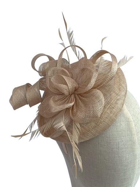 Nude Beige Sinamay Disc Fascinator With Curls And Feathers
