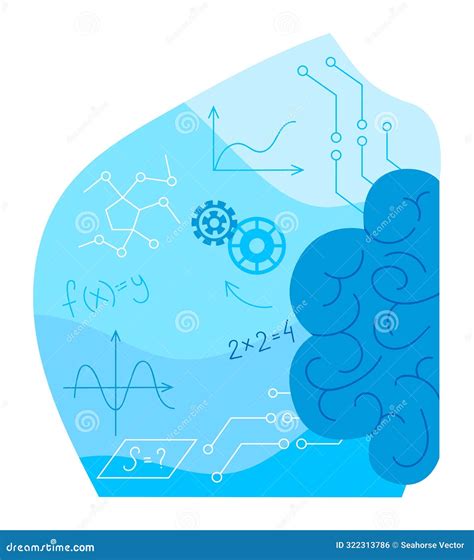 Abstract Blue Background Featuring Brain, Mathematical Equations, Graphs, Gears Suggesting