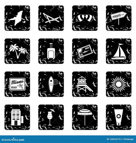 Miami Set Icons, Grunge Style Stock Illustration - Illustration of