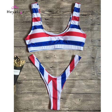 Striped Thong Bikinis Women Swimwear New Padded Swimsuit Summer Girls Beach High Cup Bikini