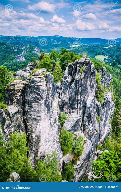 Bastei Rock Formation In Saxon Switzerland National Park Germany Stock