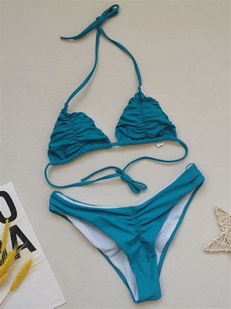 Sexy Bikini Swimsuit Light Sky Blue Halter Sleeveless Bathing Swimming Wear Two Piece Sets