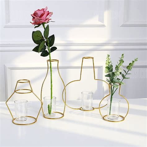 Home Décor Modern Style L Golden Glass Vase Iron Hydroponic Plant Flower Vase Centerpiece Free