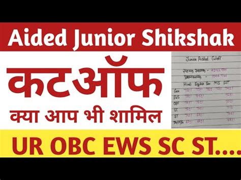 Aided Junior Shikshak Bharti Cut OffAided Junior Cut Off UR OBC EWS SC