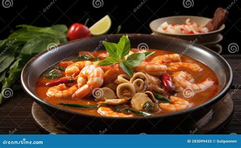 Tom Yum Kung Thai Hot Spicy And Sour Soup With Prawn In A Bowl Royalty Free Cartoon