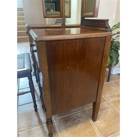 Early 20th Century Antique Vanity Desk With Trifold Mirror And Cane