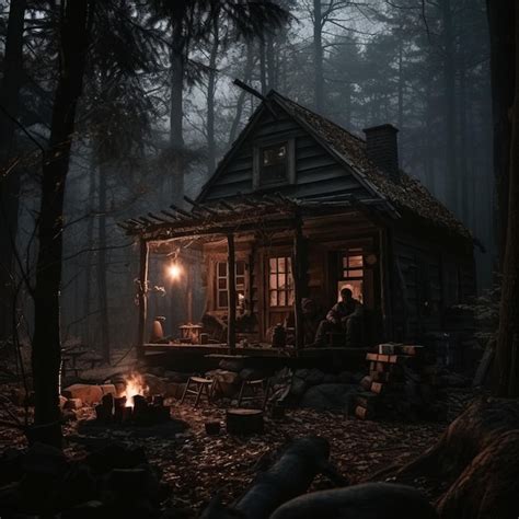 Premium AI Image | an image of a cabin in the woods at night