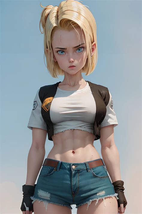 Android 18 Posing Cutely Shes Wearing Her Classic Blue Jean Skirt And Black Jacket With Long