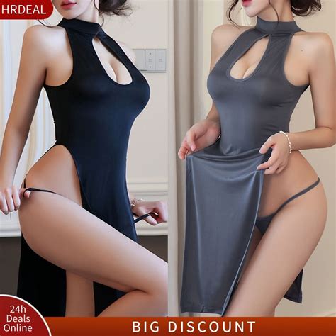 Deal Sexy Women Lady High Side Split Sheer Cheongsam Long Dress Lingerie Nightgown Shopee