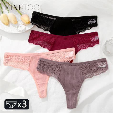 Finetoo Pcs Women S Cotton Underwear Lace Thongs Sexy Solid Color Low Waist Bikini Panties
