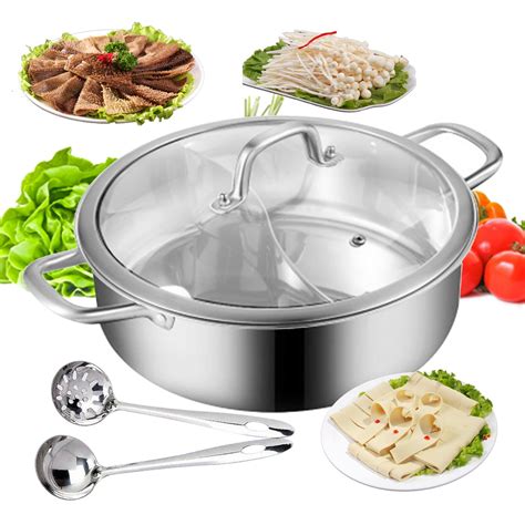 DENEST 304 Stainless Steel Shabu Dual Sided Divider Cooking Soup Hot Pot Cookware With Lid