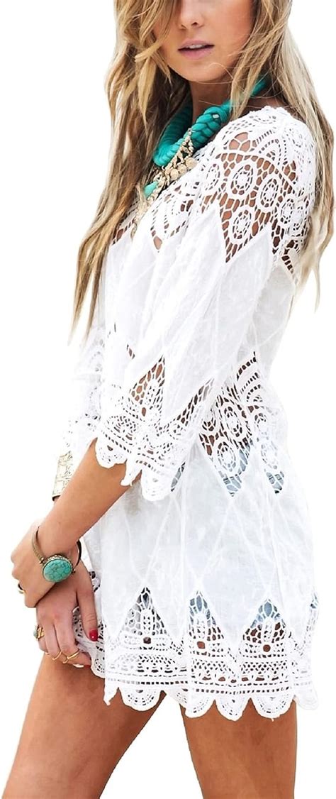 Women S Bathing Suit Cover Up Lace Crochet Tunic Bikini Beach Dress M White At Amazon Womens