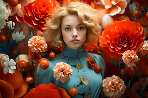 Premium Photo Woman With Blonde Hair And Flowers In Her Hair Surrounded By Orange And White