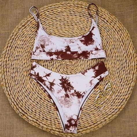 Maillot de bain OMKAGI Bikini brésilien taille haute imprimé feuilles noir Blanc