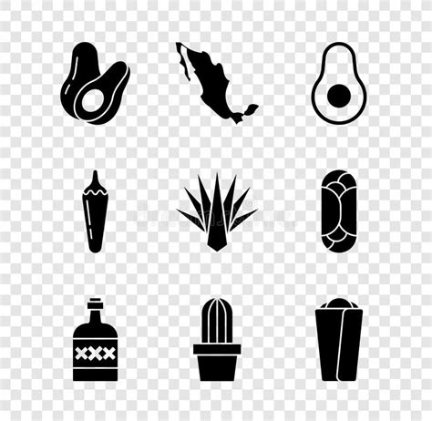 Set Avocado Fruit Map Of Mexican Tequila Bottle Cactus Or Succulent In Pot Burrito Hot