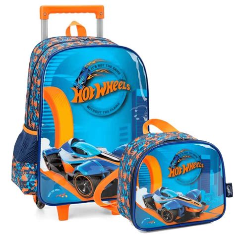 Kit Mochila De Rodinha Hot Wheels Pista Lancheira Luxcel Papelaria