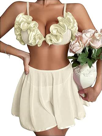Oyoangle Women S Piece Lingerie Set D Floral Bralette Bra And Panty With Mesh Skirt Babydoll
