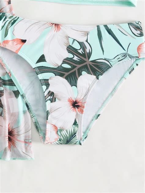 Conjunto De Bikini Con Estampado Tropical Y Cruzado Para Ni A Preadolescente Con Kimono De
