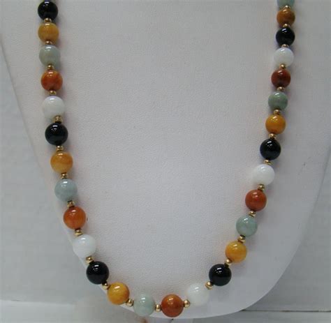 14k Yellow Gold Green Jade 8mm Bead Necklace 24 Long Multi Color Jade