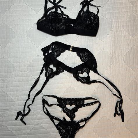 3 Piece Lace Lingerie Garter Set Has Bow And Heart Depop