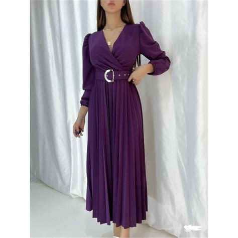 Secret Passion Lingerie V Yaka Uzun Kollu Mor Renk Pliseli Kemerli Midi