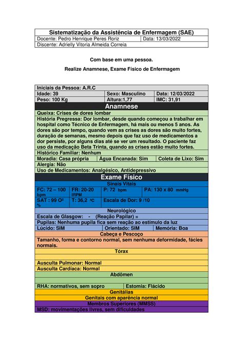 Exame Fisico e Anamnese pronto Sistematização da Assistência de