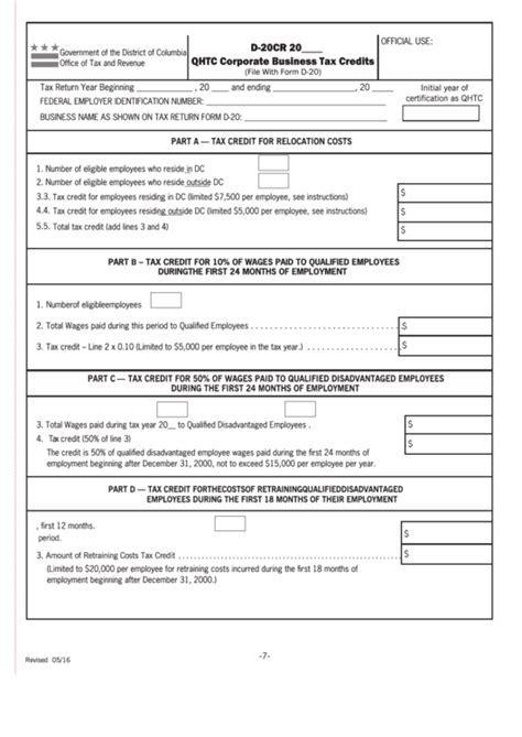 Form D-20cr - Qhtc Corporate Business Tax Credits printable pdf download
