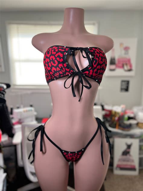 Leopard Print Bandeau Thong Set Bikini Set Exotic Dancewear Stripper Outfit Lingerie Two Piece