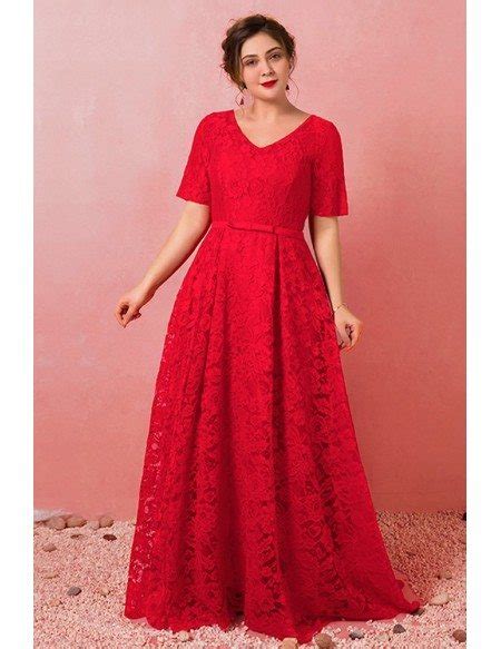 Custom Gorgeous Long Red Full Lace Wedding Party Dress With Short Sleeves Plus Size High Quality