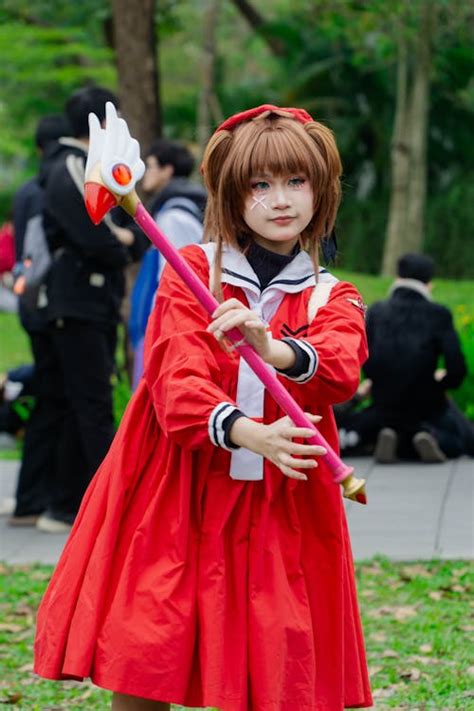 anime cosplay character  vibrant costume outdoors  stock photo