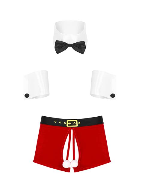 Tiaobug Mens Christmas Lingerie Costume Thong Briefs Underwear With Collar Cuffs For Club Party