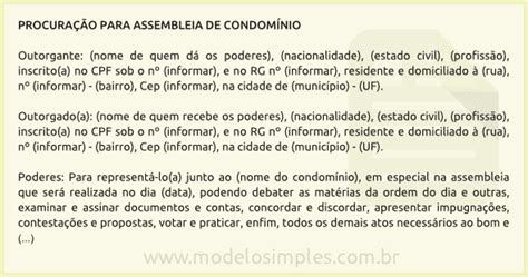 Modelo De Procuração Para Representar O Condômino