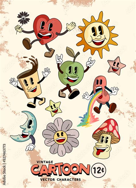 A Collection Of Retro Style Happy Cartoon Characters Smiling Vector