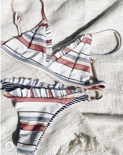 Two Piece Bikini Triangle Top And Bottom With Colourful Stripes And Frills On Luulla