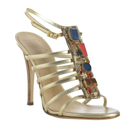 Lyst Giuseppe Zanotti Gold Leather Jeweled Sandals In Metallic