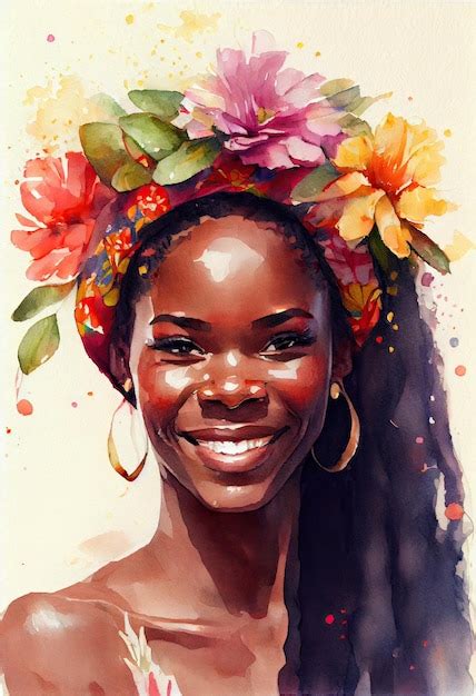 Retrato Em Aquarela Da Linda Mulher Negra Sonhadora Sorridente Com