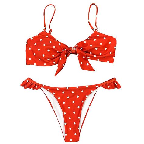 Women Sexy Brazilian Bikini Set Vintage Polka Dot Print Tie Knot Front
