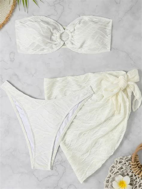White Bikini With Skirt Knotted Swimwear Women Set Bandeau Cut Out Swimsuit Cover Ups