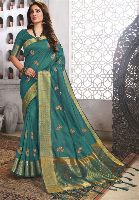 Embroidered Art Silk Saree In Teal Blue In 2021 Saree Designs Indian