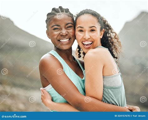 Fitness Women And Lesbian Couple In Outdoor With Smile Hug And Portrait For Exercise And