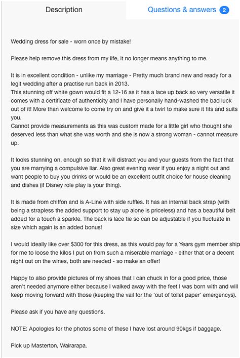 Bride posts ad selling wedding dress ‘worn once by mistake’
