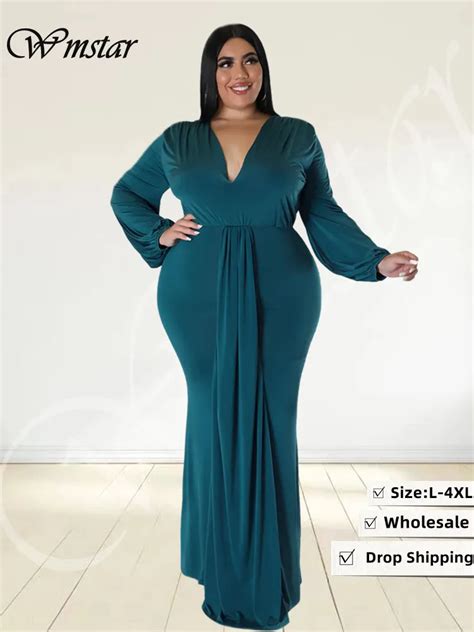 Wmstar Plus Size Party Dresses For Women Long Sleeve Stretch Sexy V